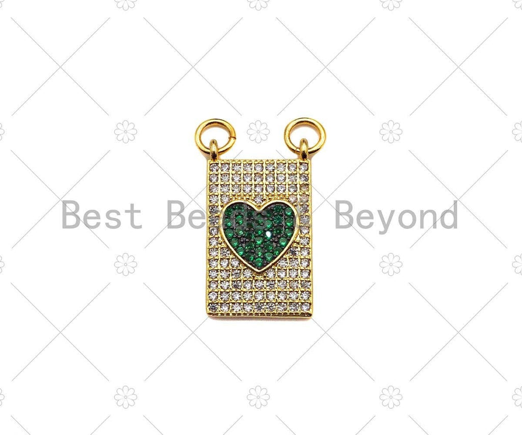 Colorful CZ Micro Pave Heart On Rectangle Shape Pendant, 18K Gold Medallion Charm, Necklace Bracelet Charm Pendant,12x21mm,Sku#LK311