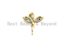 Load image into Gallery viewer, CZ Colorful Micro Pave Fairy Charm/Pendant, Angel Wing Lady Pave Pendant, Gold plated, 16x17mm, Sku#F751