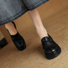 Load image into Gallery viewer, Vintage Chunky-Heeled Leather Shoes for Women - Round Toe Slip-On Dress Shoes