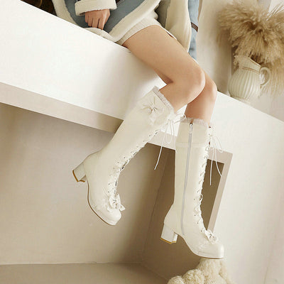 Women's Lolita Bow-tie Over-the-Knee Boots | Chunky Heel, Lace-Up, PU Leather