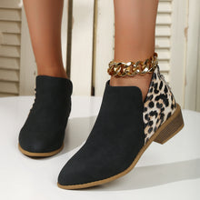 Load image into Gallery viewer, Women's Leopard Print Chunky Heel Boots | Pointed Toe Back Zipper Suede