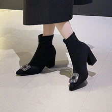 Load image into Gallery viewer, Women's Pointed-Toe Chunky Heel Ankle Boots | Suede Slip-On Block Heel Booties