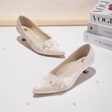 Load image into Gallery viewer, Women's Jacquard Pointed-Toe Kitten Heel Pumps | Floral Pearl Satin Dress Shoes