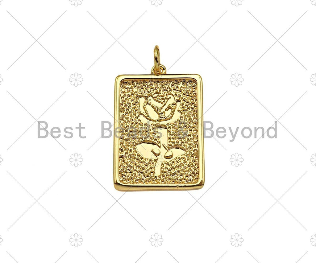 Gold Filled Rose Flower On Rectangle Shape Pendant, 18K Gold Filled Medallion Charm, Necklace Bracelet Charm Pendant,15x22mm,Sku#F1398