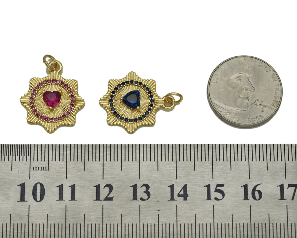 Blue Fuchsia CZ Spike Heart Coin Charm, Sku#LX44