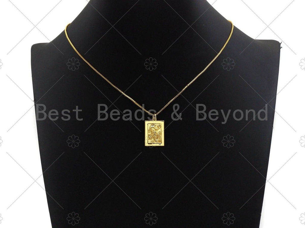 Shiny Gold Medallion Dragon Dog Tag Pendant, Dragon Rectangl