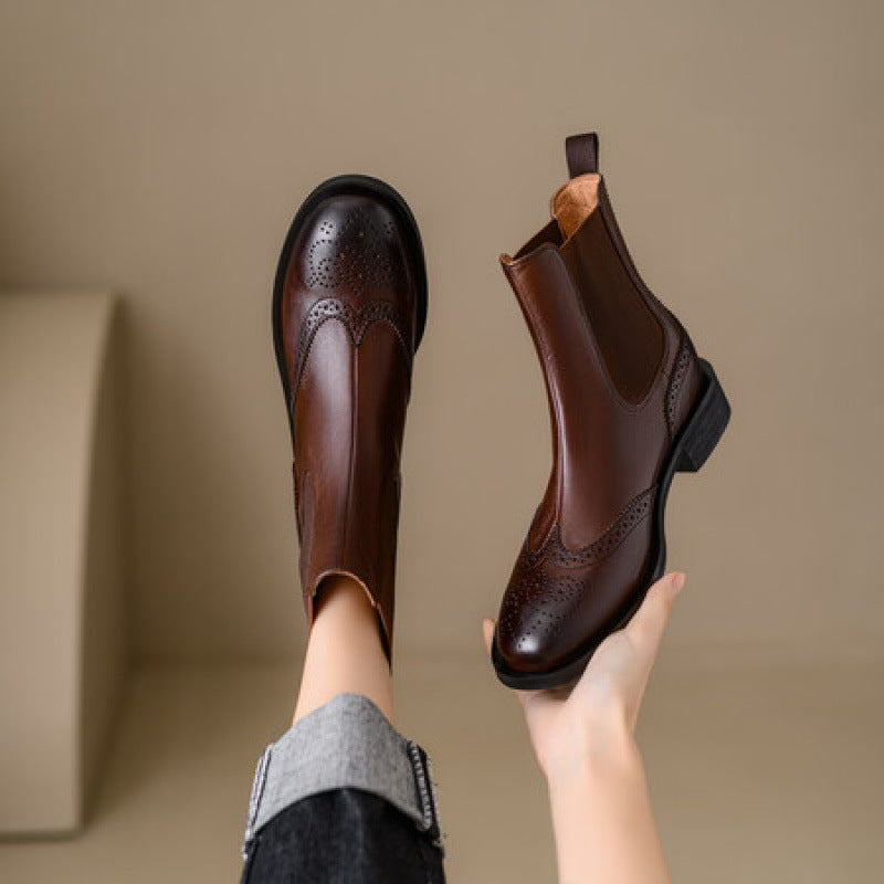 Women's Full-Grain Leather Ankle Boots | Chunky Heel British-Style Mid-Calf Boot