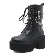 Load image into Gallery viewer, Women's Chunky Heel Platform Boots Side Zip Rivet Belt Buckle Mid-Calf Boots