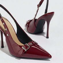 Load image into Gallery viewer, Women's Pointed-Toe Stiletto Heels | Synthetic Leather Buckle Rivet Heels