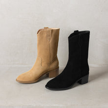 Load image into Gallery viewer, Women's Genuine Cowhide Leather Chunky Heel Mid-Calf Boots | Square Toe Side Zipper | Matte Embossed Finish