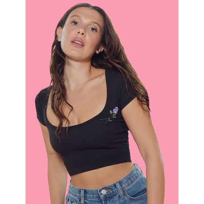 Mills by Millie Bobby Brown Women's Embroidery Ribbed Short Sleeve Crop T-Shirt, Sizes XXS-XXL