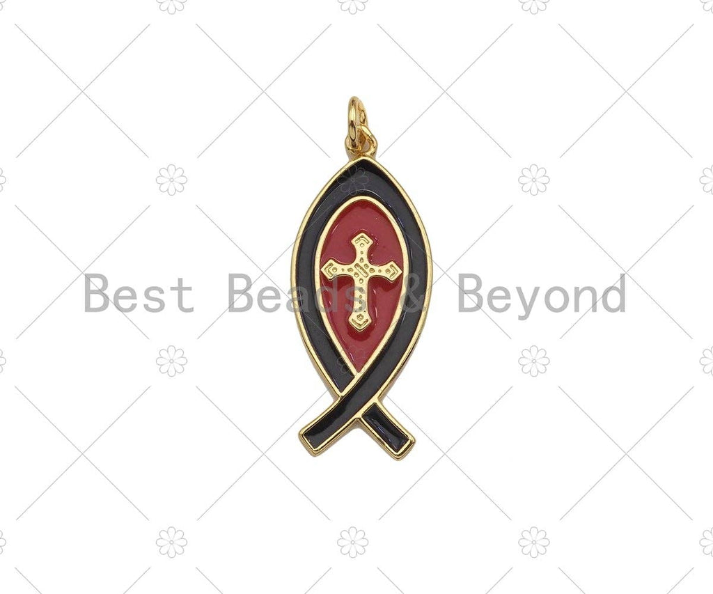 18K Gold Cross On Red/Black Enamel Fish Shape Pendant,Enamel Charm,Enamel Jewelry,13x31mm,Sku#LK303