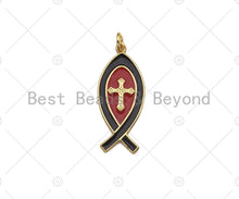 Load image into Gallery viewer, 18K Gold Cross On Red/Black Enamel Fish Shape Pendant,Enamel Charm,Enamel Jewelry,13x31mm,Sku#LK303