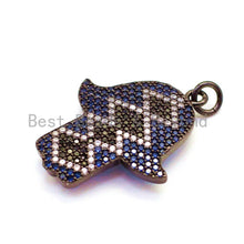 Load image into Gallery viewer, CZ Micro Pave Cobalt Hamsa Hand Pendant for Bracelet/Necklace, Cubic Zirconia Pendant/Charm, Jewelry Findings, 22x29mm,sku#F35