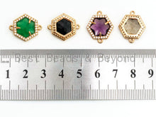 Load image into Gallery viewer, Hexagon Bezel Connector with Faceted Glass, Gold Plated CZ Micro Pave Frame Connector, Black/Green/Purple/Smoke, 14x18mm, sku#A78
