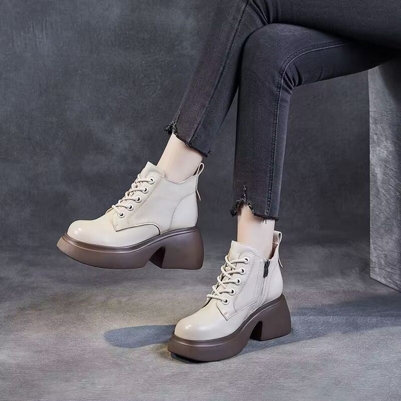 Women's Mid-Calf Chunky Heel Boots | Side Zipper | PU Leather | Black Beige Brown