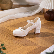 Load image into Gallery viewer, Women's Jacquard Mary Jane Platform Heels | Pearl Bow Waterproof Wedding Shoes