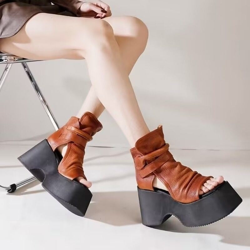Women's Retro Platform Round Toe High Top Sandals - Korean Style Open Toe Summer Shoes