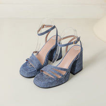 Load image into Gallery viewer, Women's Denim Strap Chunky Heel Sandals | Round Toe Block Heel | Light Blue, Dark Blue &amp; Gray