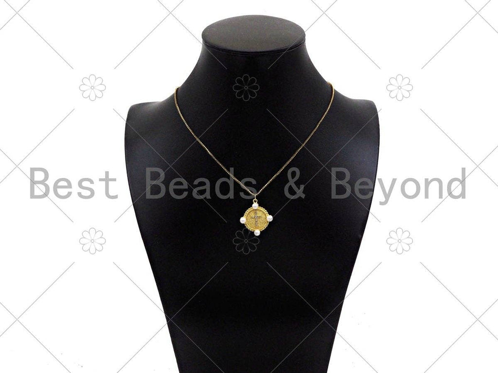 Gold Filled CZ Micro Pave Cross Medallion Pendant,18K Gold Filled Mother of Pearl Charm, Necklace Bracelet Pendant,25x23mm,Sku#LK348