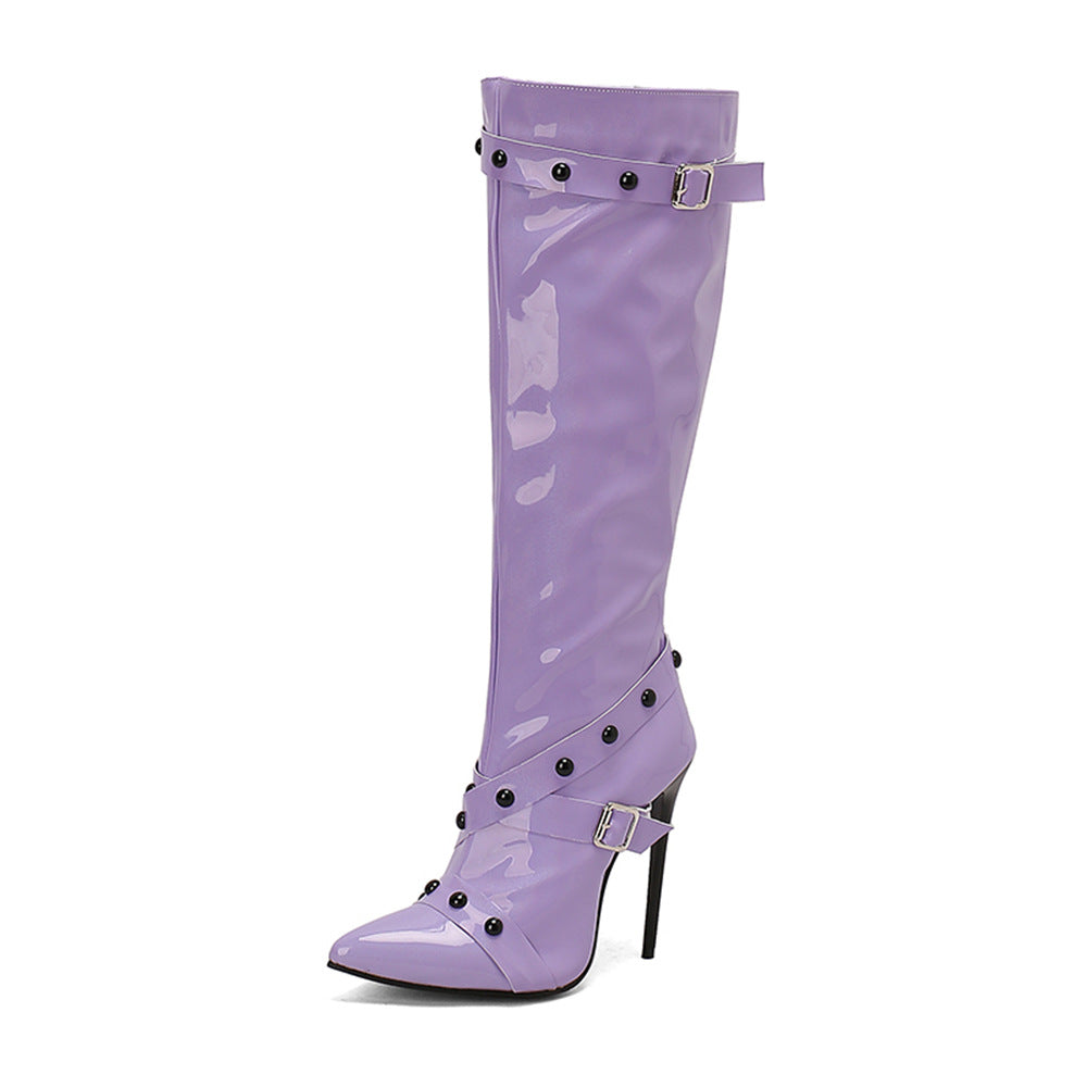 Women's Stiletto Heel Rivet Long Boots - Pointed Toe High Shaft Side Zipper Boots
