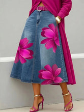 Load image into Gallery viewer, Women's Floral Print A-Line Midi Skirt – Denim-Style Boho Skirt
