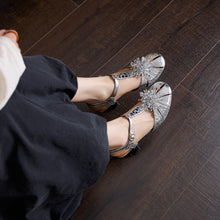 Load image into Gallery viewer, Women's Crystal Embellished Mary Jane Heeled Sandals | Genuine Leather T-Strap Closed-Toe Pumps