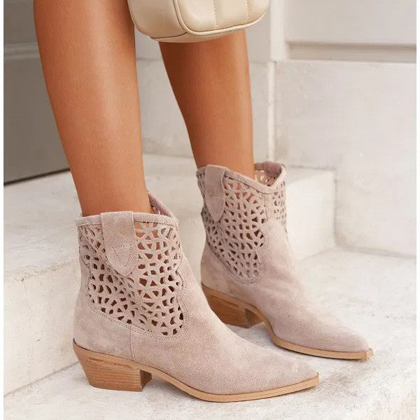 Women's Chunky Heel Ankle Boots - Pointed Toe Slip-On Boots with Cutout Design