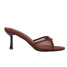 Load image into Gallery viewer, Women's Brown Mesh Bow Sandals - 6cm High Heel Round Toe Slip-On Shoes