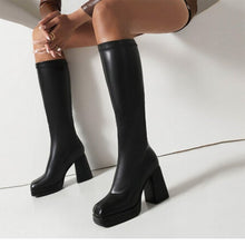 Load image into Gallery viewer, Women's Chunky Heel Stretch Boots – Thick Sole, High Shaft | Brown &amp; Black