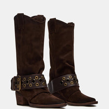 Load image into Gallery viewer, Women's Chunky Heel Ankle Boots – Pointed Toe Slip-On with Buckle Detail | Dark Brown