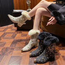 Load image into Gallery viewer, Women's Winter Fleece-Lined Chunky Heel Ankle Boots - Warm Rhinestone Split-Toe Booties