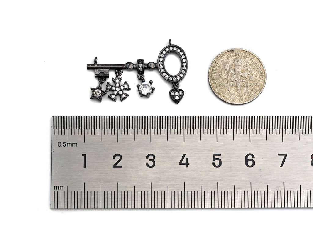 CZ Pave Star Flower Heart On Key Shape Charm, Sku#L290