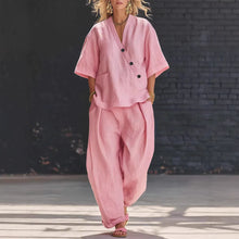 Load image into Gallery viewer, V-Neck Short Sleeve Top &amp; High-Waist Trousers Two-Piece Set