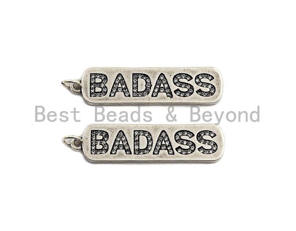 CZ Micro Pave Long Bar With Letter Pendant, Antique Silver Tone, Clear Cz Big Pave Bar Charm Pendant, 10x39mm,sku#F1013C