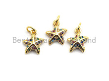 Load image into Gallery viewer, CZ Colorful Micro Pave Starfish Pendant, Starfish Shaped Pave Pendant, Gold plated, 10x12mm, Sku#F824