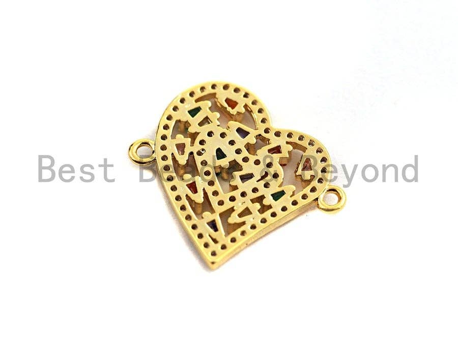 Colorful Baguette CZ Micro Pave Heart Shape Connector/Link, Cz Pave Bracelet Necklace Connector in Gold Finish,21x23mm,sku#M242