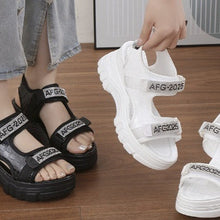 Load image into Gallery viewer, Women's Rhinestone Lettered Wedge Heel Sandals – Velcro Casual Platform Sandals in White &amp; Black