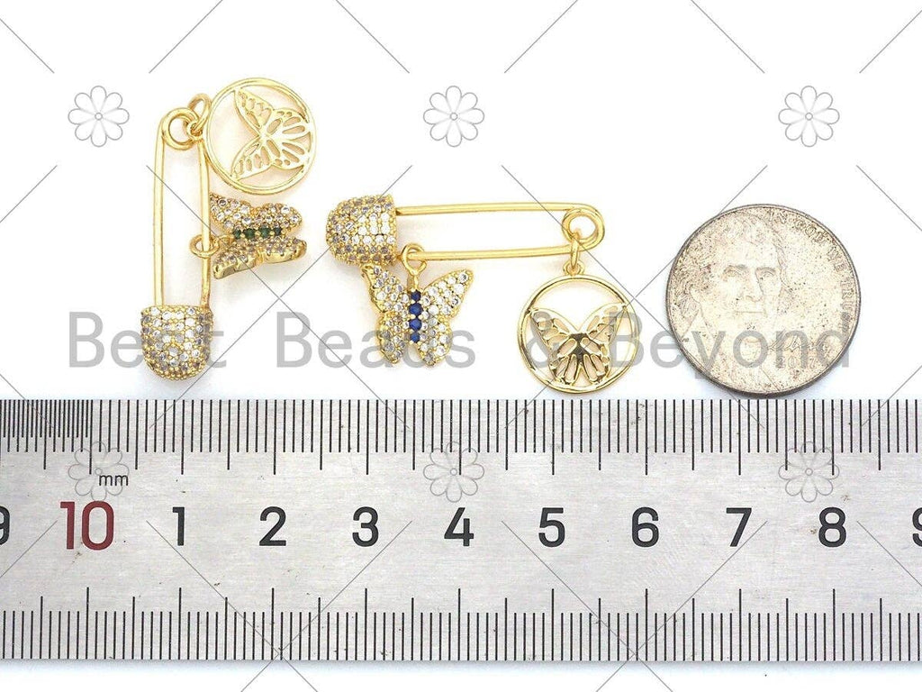 Colorful CZ Micro Pave Butterfly On Safety Pin Shape Pendant/Charm, 18K Gold Filled Charm, Necklace Bracelet Charm Pendant,8x30mm,Sku#F1409