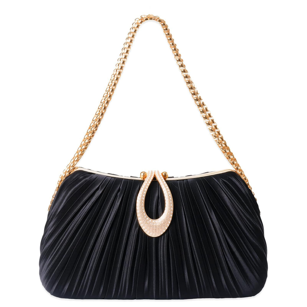 Satin Pleated Evening Bag for Women – Elegant Clutch Purse | Apricot & Black
