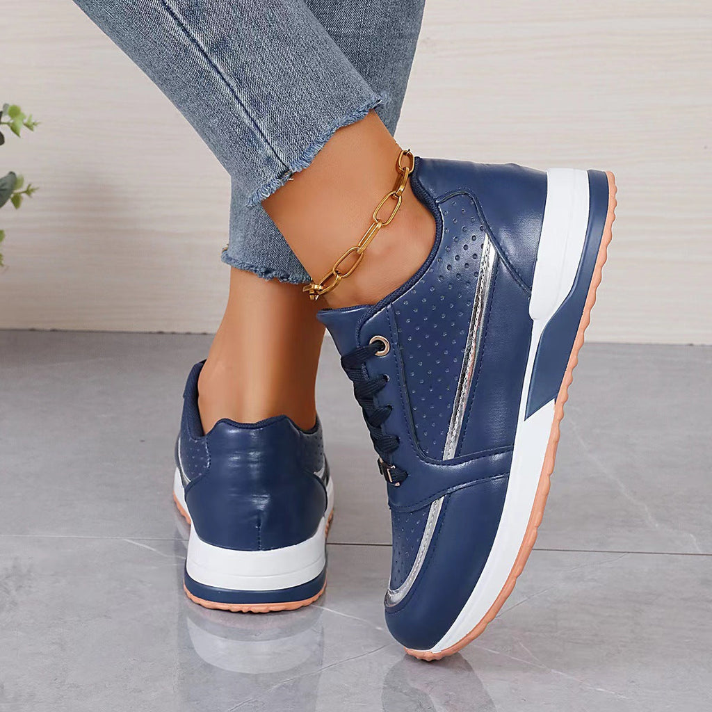 Women's Color-block Lace-up Mid-cut Shoes | Synthetic Leather Upper | Mid Heel | Casual Style