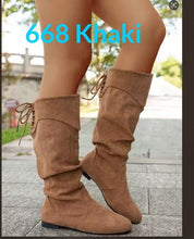 Load image into Gallery viewer, Women's High-Shaft Pleated PU Leather Chunky Heel Boots | Mid-Calf Round Toe