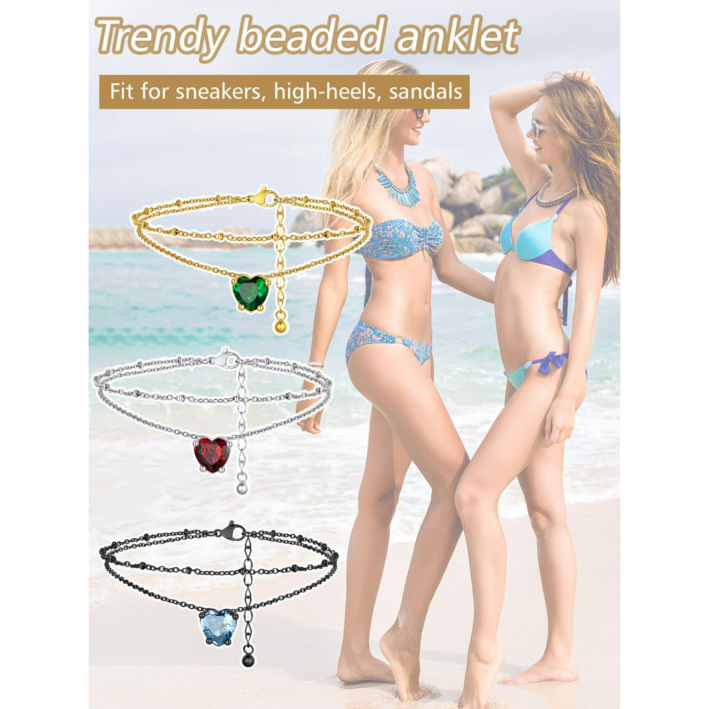 FindChic Anklets for Women Waterproof, Bling Heart Tourmaline Birthstone Ankle Bracelets Gold Plated Stainless Steel Layered Beaded Foot Chain Summer Jewelry for Birthday Mothers Day with Gift Box