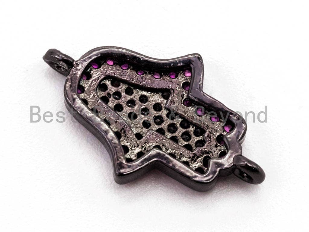CZ Micro Pave Fuchsia Hamsa Hand Connector, Cubic Zirconia Space Connector in Gold Rose Gold,Silver,Black Color, 11x18mm, sku#A56