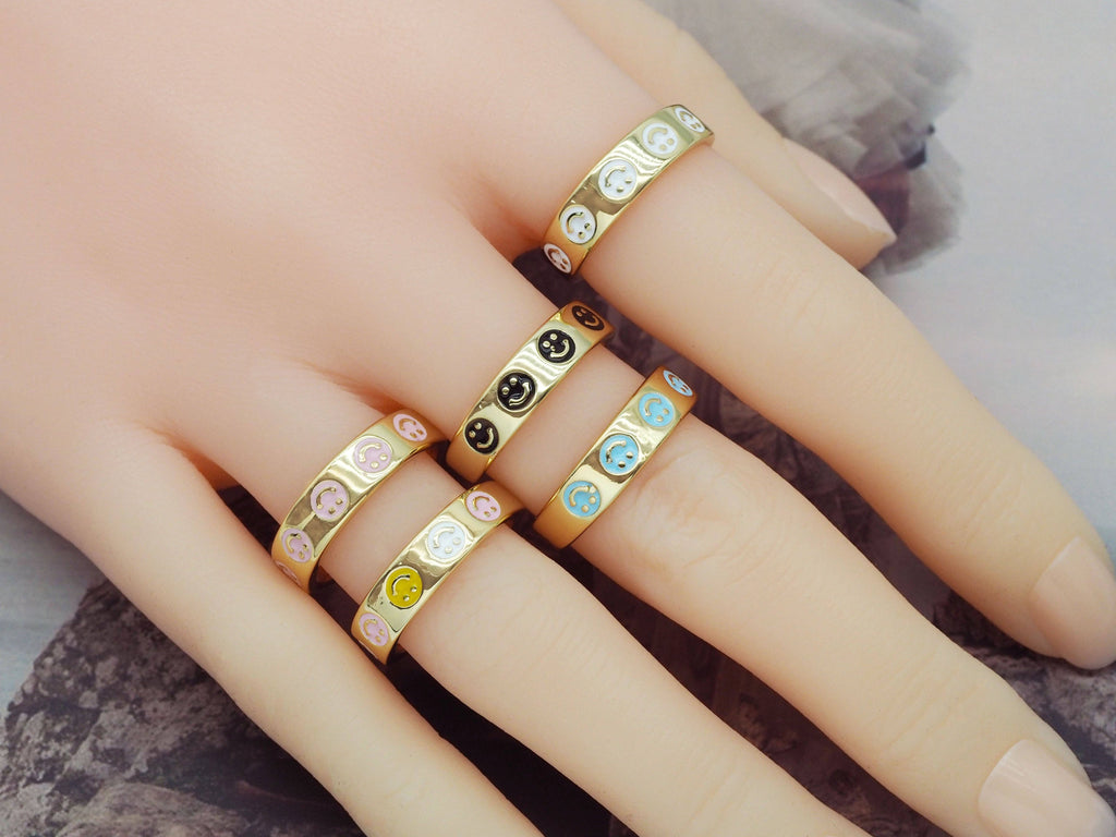Enamel Smiley Face Adjustable Ring, Sku#B229