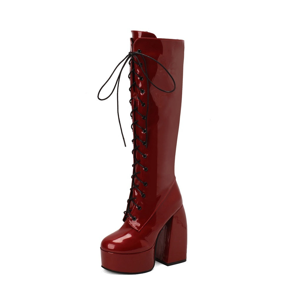 Women's Patent Leather Over-the-Knee Boots | Chunky Heel Round Toe Side Zipper