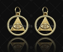Load image into Gallery viewer, CZ Micro Pave Evil Eye On Triangle With Round Ring Shape Pendant, Gold Plated, Necklace Bracelet Charm Pendant, 18x20mm,sku#F1240