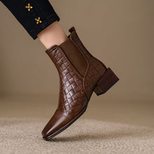 Load image into Gallery viewer, Retro Woven Square-Toe Chunky-Heel Women's Full-Grain Leather Boots with Elastic Side Panels