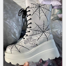 Load image into Gallery viewer, Women's Wedge-Heel Spiderweb Mid-Calf Boots | Plus Size | PU Leather | Side Zipper