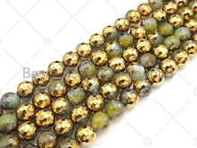 Load image into Gallery viewer, Half Gold Plated Light Olive Green Agate Beads, 8mm/10mm/12mm Round Faceted Agate Beads, 15.5 Full Strand, sku# UA137